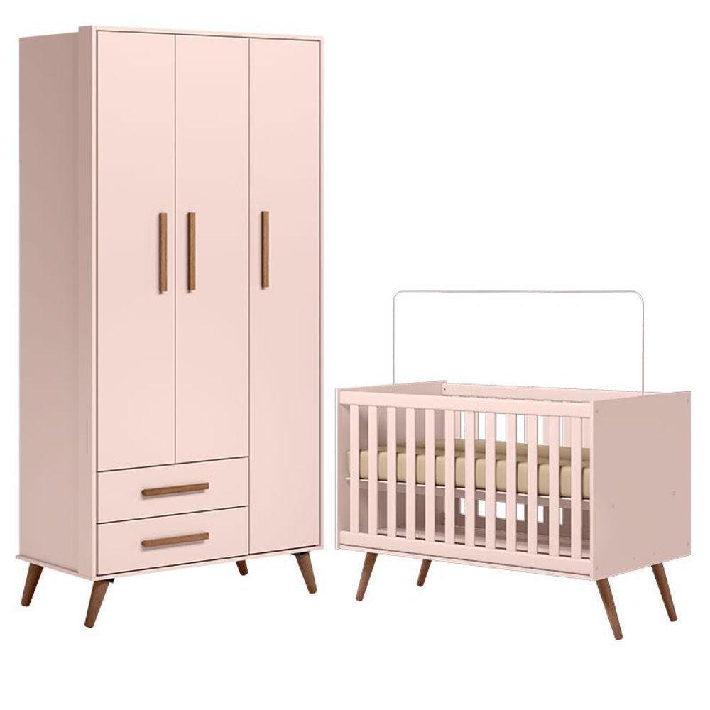 Berço Americano 3820 E Guarda Roupa Roupa 3830 Q Encanto Retrô Rosa - Qmovi - 1