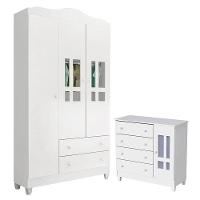 Cômoda E Guarda Roupa Infantil Ariel 3 Portas Branco Brilho - Carolina - 1