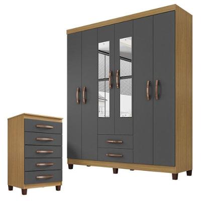 Guarda Roupa Casal Modena com Cômoda Cannes 6 Portas 2 Gavetas em MDP Texturizado Grafite