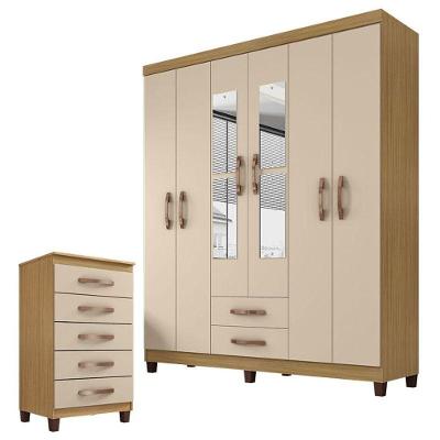 Guarda Roupa Casal Modena 6 Portas Espelho e Cômoda 5 Gavetas Carvalho Americano Off