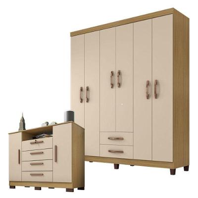 Guarda Roupa Casal com Cômoda Módena 6 Portas de Bater 2 Gavetas em MDP Carvalho Americano Off White
