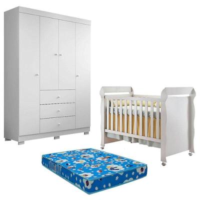 Berço Americano Mirelle E Guarda Roupa 4 Portas Duda Branco Brilho Com Colchão Ortobom - Phoenix Baby
