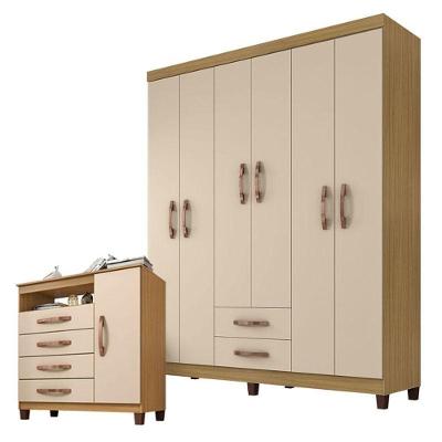 Guarda Roupa Casal com Cômoda Sapateira Módena 6 Portas de Bater 2 Gavetas Carvalho Americano Off