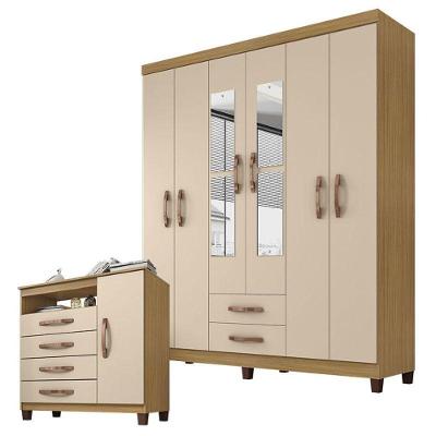 Guarda Roupa Casal Modena 6 Portas de Bater 2 Gavetas Carvalho Americano Off White