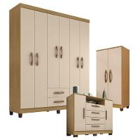 Guarda Roupa Casal Modena Com Cômoda Madri E Armário Multiuso Recife Carvalho Americano Off White - Incorplac - 1