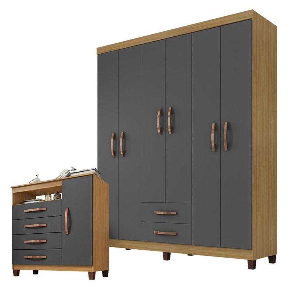 Guarda Roupa Casal Módena E Cômoda Sapateira Cannes Carvalho Americano Grafite - Incorplac. - 1