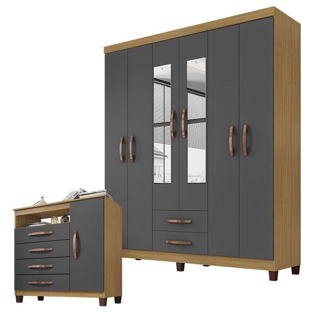 Guarda Roupa Casal Modena Com Espelho 6 Portas E Cômoda Sapateira Cannes Carvalho Americano Grafite - Incorplac - 1