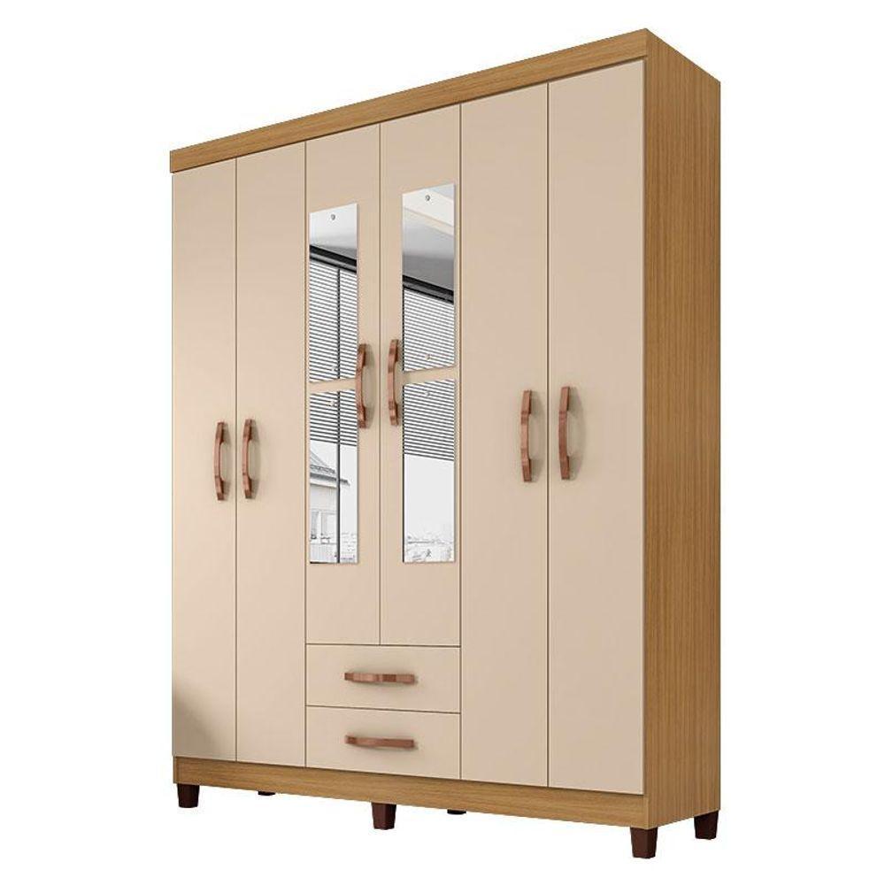 Guarda Roupa Casal Modena Com Espelho 6 Portas Carvalho Americano Off White - Incorplac - 1