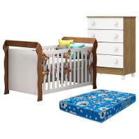 Berço Americano Lara E Cômoda Gaveteiro Mel Flat Branco Acetinado Amadeirado Com Colchão Ortobom - 1