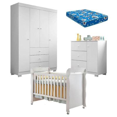 Quarto De Bebê Duda 4 Porta E Berço Americano Mirelle Branco Brilho Com Colchão Ortobom