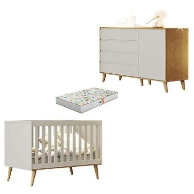 Berço Americano Ludmila com Cômoda Infantil em MDF e Colchão Incluso Off White