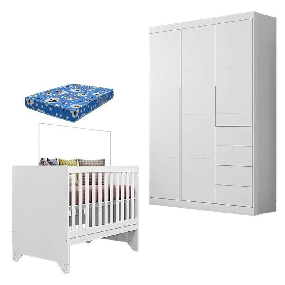 Berço Americano Retro Maya E Guarda Roupa Infantil Eloá Branco Acetinado Com Colchão Ortobom - 1
