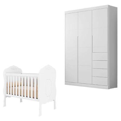 Berço Americano Realeza E Guarda Roupa Infantil Eloá Branco Acetinado - Phoenix Baby