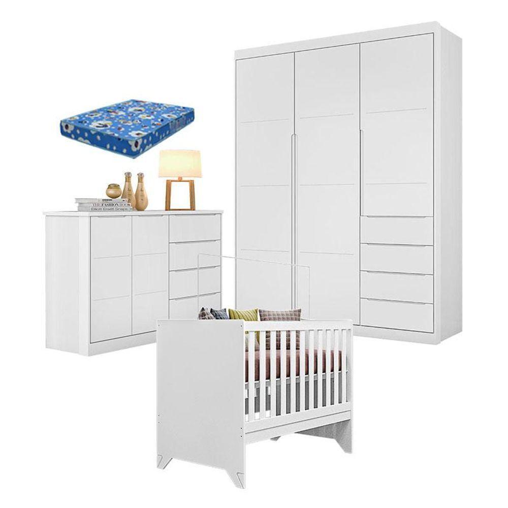 Quarto De Bebê Blenda Com Berço Americano Maya Branco Acetinado Com Colchão Ortobom - Phoenix Baby - 1
