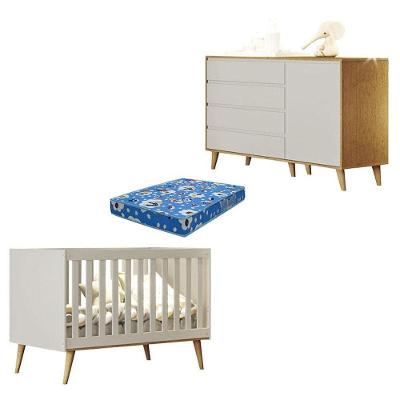 Berço Americano Ludmila em MDF com Colchão Espuma Off White Bétula para Bebê