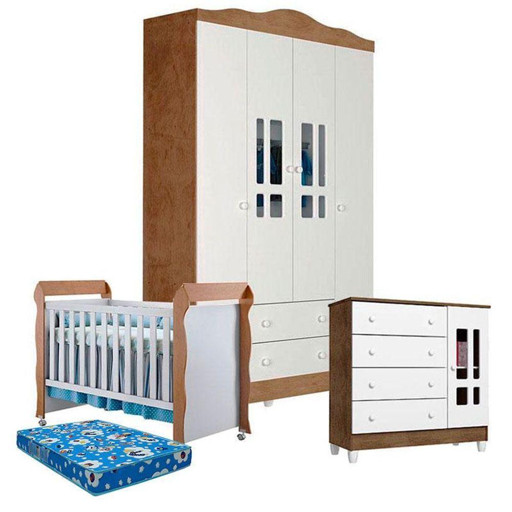 Quarto De Bebê Ariel 4 Portas Com Berço Mirelle Branco Acetinado Amadeirado E Colchão - Carolina - 1