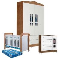 Quarto De Bebê Ariel 4 Portas Com Berço Mirelle Branco Acetinado Amadeirado E Colchão - Carolina - 1