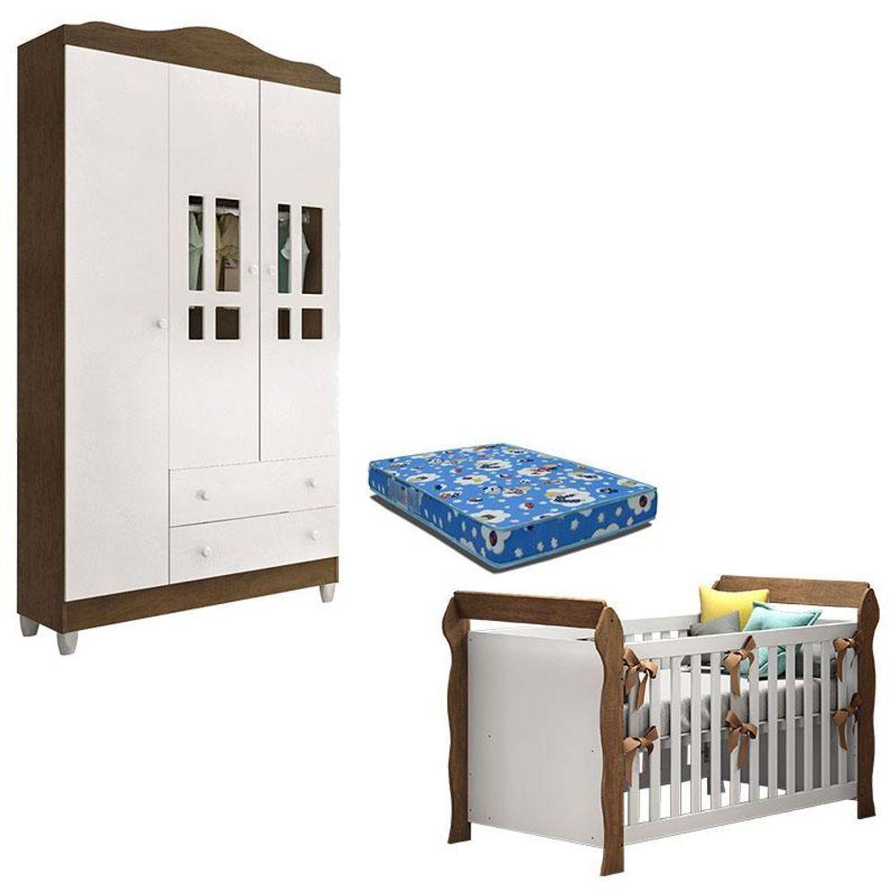 Berço Americano Lara E Guarda Roupa Ariel 3 Portas Branco Acetinado Amadeirado Com Colchão - 1