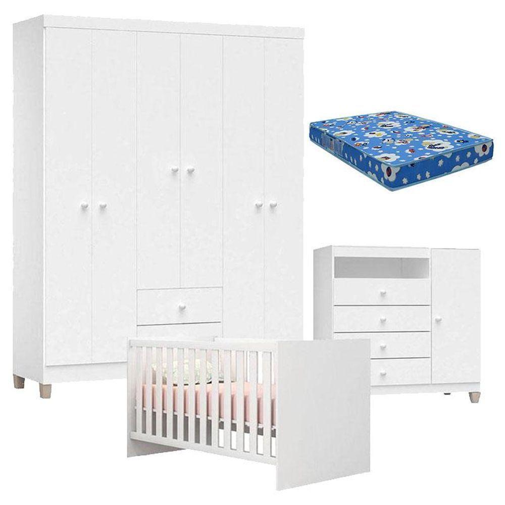 Quarto De Bebê 6 Portas Ternura Baby Com Berço Americano 100 Branco Brilho Com Colchão Ortobom - 1