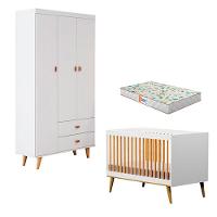 Berço Americano Ligia Com Guarda Roupa 3 Portas Duda Branco Acetinado Bétula E Colchão Gazin Móveis - 1