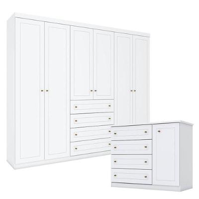 Cômoda e Guarda Roupa Casal Americano 6 Portas 4 Gavetas em MDF e MDP Branco HP
