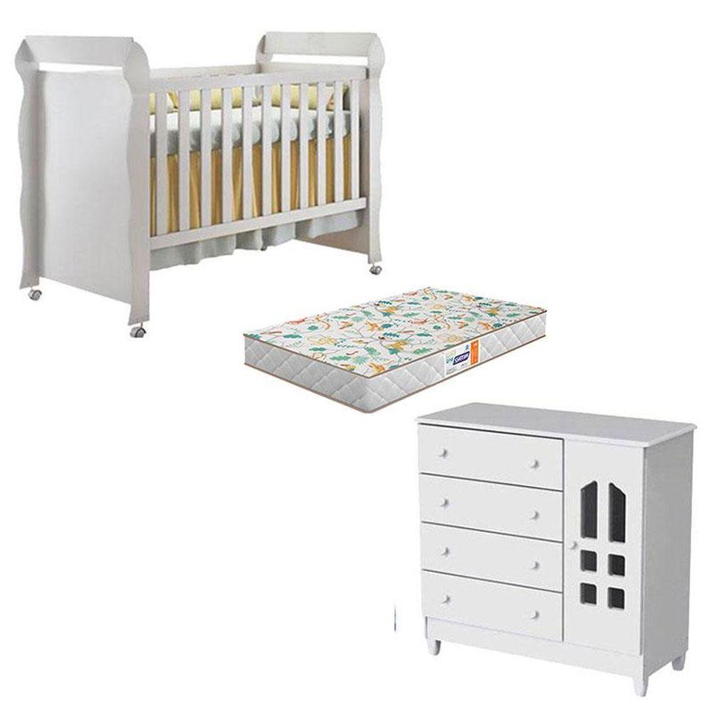 Berço Americano Mirelle E Cômoda Infantil Selena Branco Brilho Com Colchão Gazin - Carolina - 1