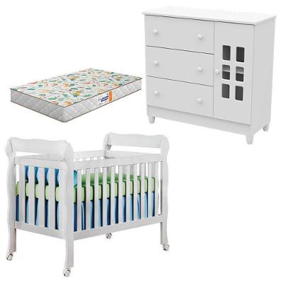 Conjunto Berço Americano Lila e Cômoda Mariah MDF com Colchão Gazin Branco Brilho