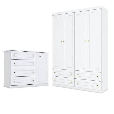 Cômoda e Guarda Roupa Infantil Mississipi 4 Portas Giratórias 4 Gavetas MDF e MDP Branco HP