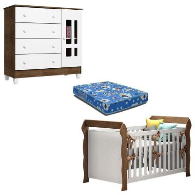Berço Americano Lara com Colchão Espuma em MDF e MDP Branco Acetinado Amadeirado para Bebê