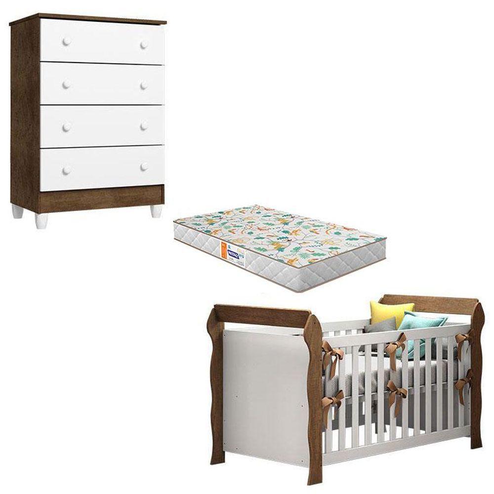 Berço Americano Lara E Cômoda Gaveteiro Ariel Branco Acetinado Amadeirado Com Colchão Gazin - 1
