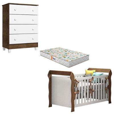 Berço Americano Lara com Cômoda Gaveteiro Ariel em MDF MDP com Colchão Incluso Branco