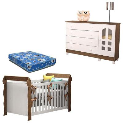 Berço Americano e Cômoda Infantil Lara e Gran Selena 1 Porta 4 Gavetas MDF-MDP Branco Carolina Baby