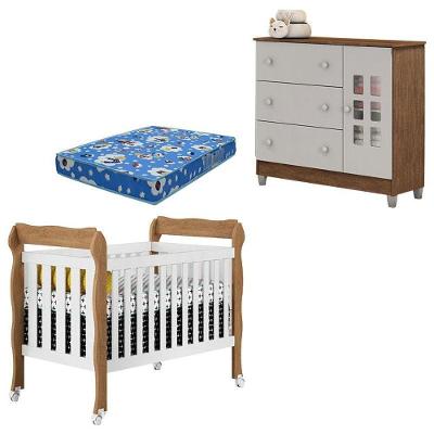 Conjunto Berço Americano Lila e Cômoda Mariah MDF com Colchão Branco Acetinado Amadeirado