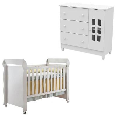 Berço e Cômoda Mirelle Mariah 1 Porta 3 Gavetas em MDF e MDP 154cm Branco Brilho Carolina Baby