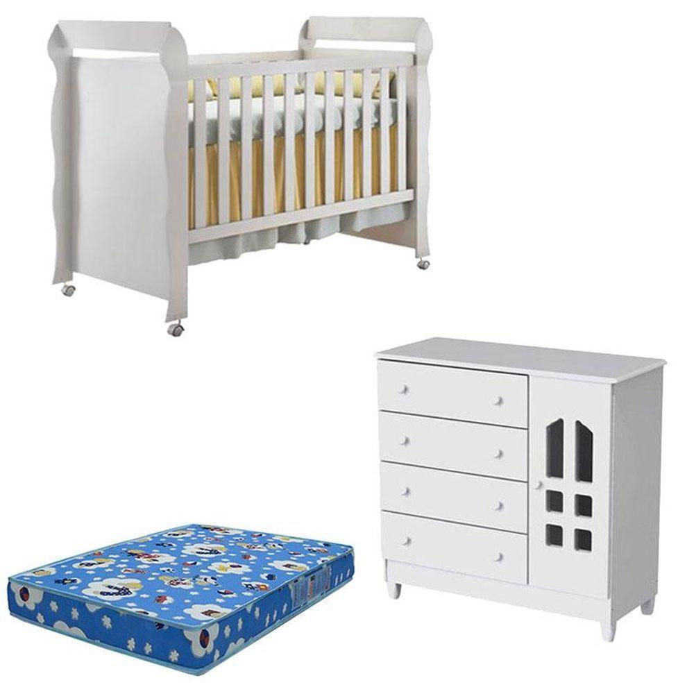 Berço Americano Mirelle E Cômoda Infantil Selena Branco Brilho Com Colchão - Carolina - 1
