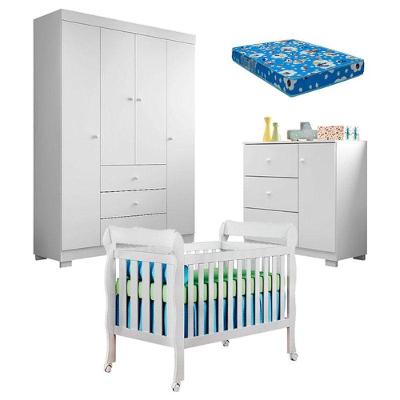 Quarto De Bebê Duda 4 Portas E Berço Americano Lila Branco Brilho Com Colchão Ortobom