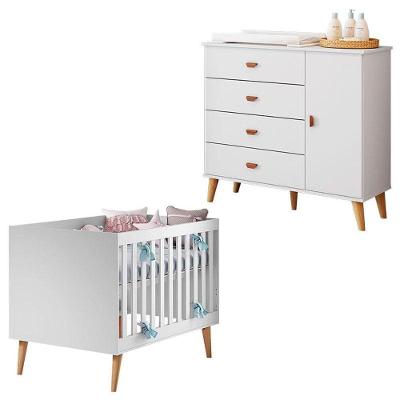 Berço Americano com Cômoda Infantil Ludmila Duda 1 Porta 4 Gavetas MDF 133 cm Branco Carolina Baby