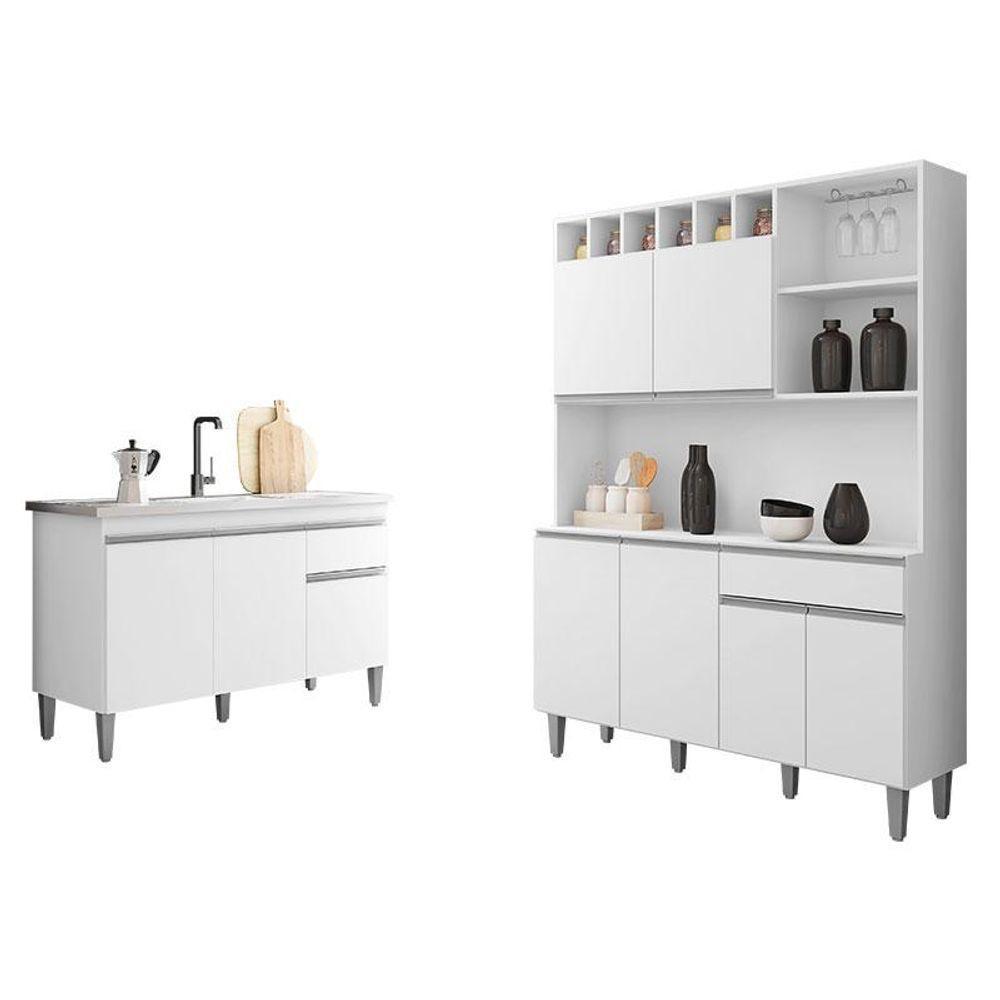 Balcão De Pia Tatiane 120 Cm E Armário Cozinha Kit Alice Branco Brilho - Ajl - 1
