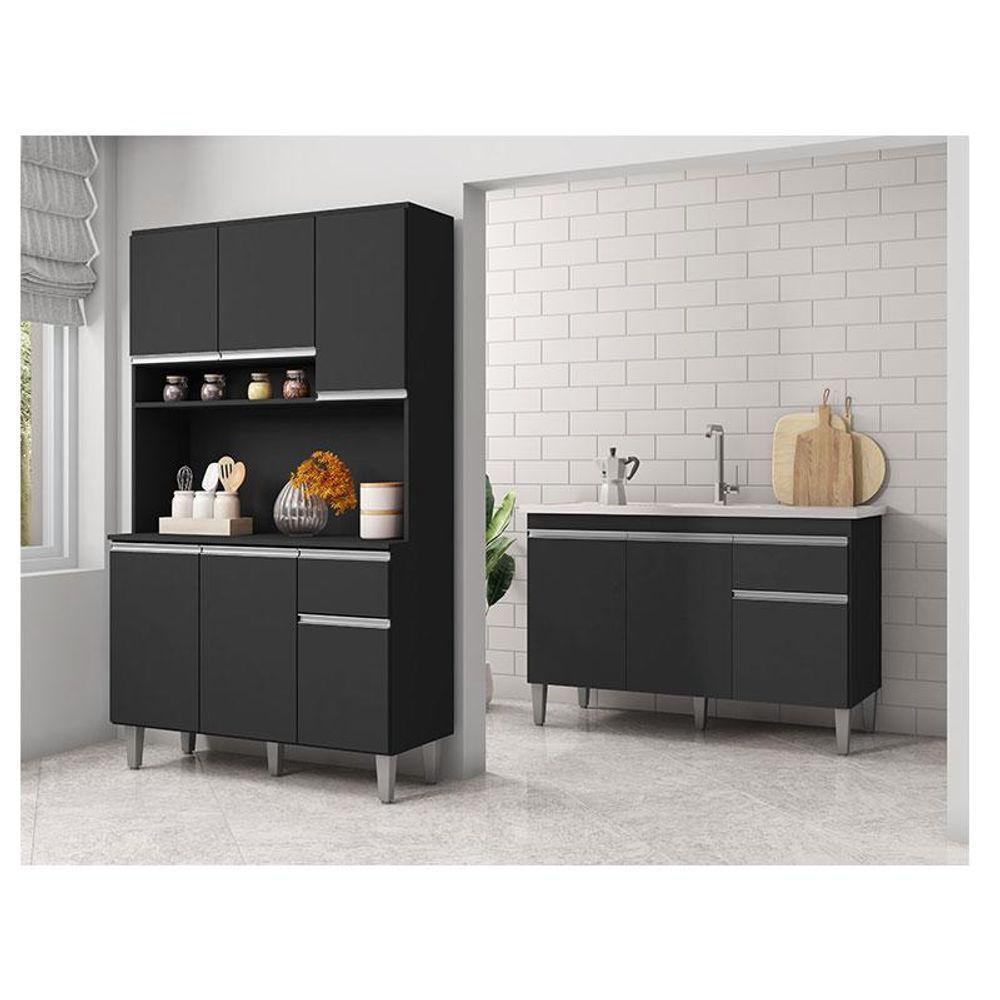 Balcão De Pia Tatiane 120 Cm E Armário Cozinha Kit Márcia Ambiente Preto Fosco - Ajl - 1