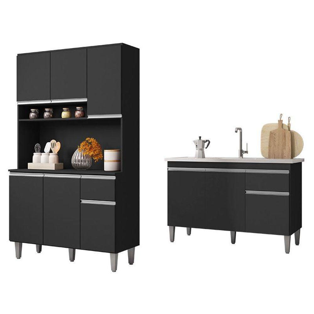 Balcão De Pia Tatiane 120 Cm E Armário Cozinha Kit Márcia Ambiente Preto Fosco - Ajl - 6