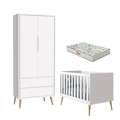 Berço Americano E Guarda Roupa 2 Portas Theo Branco Pés Madeira Natural Com Colchão Gazin - Reller