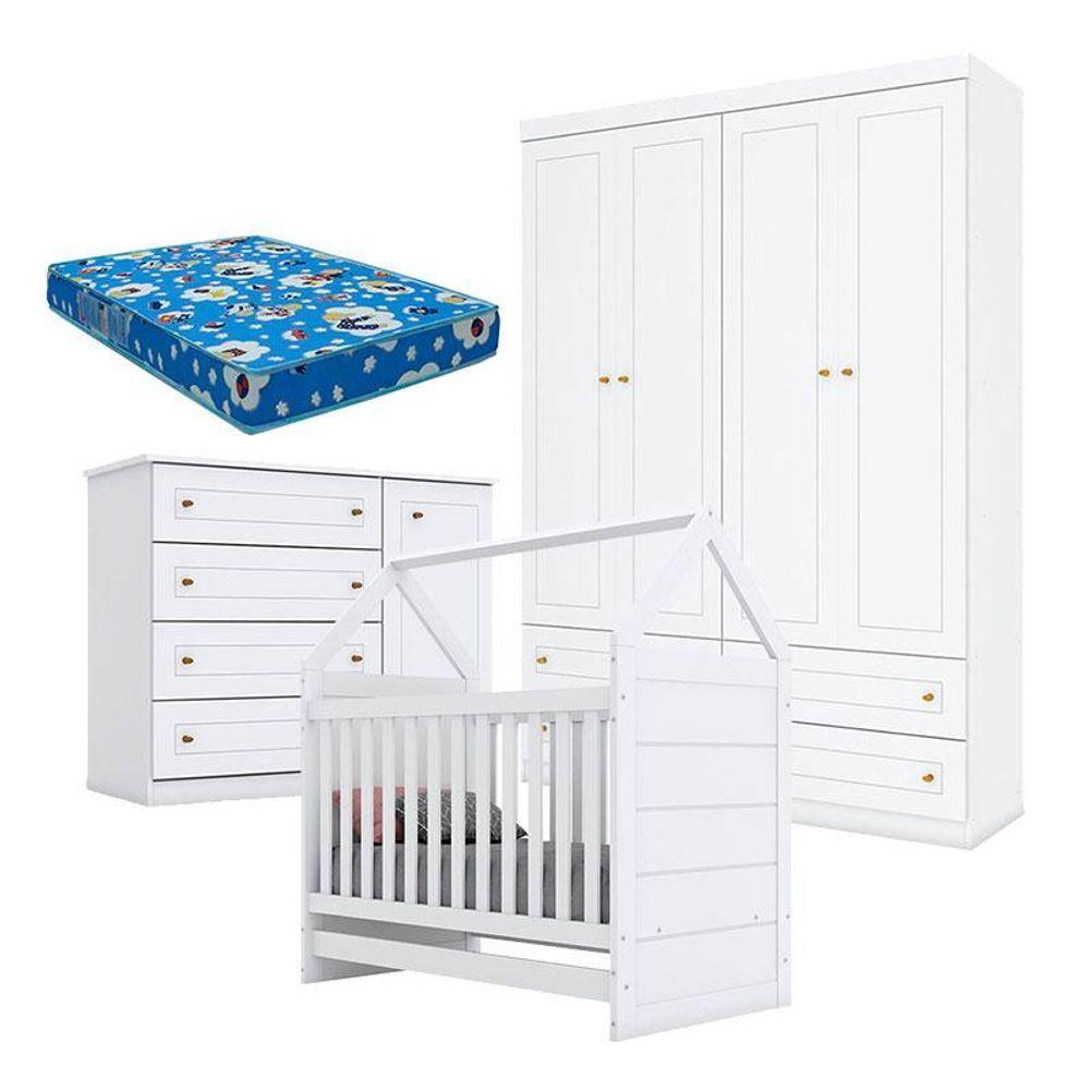Quarto De Bebê Mississipi 4 Portas Com Berço Montessoriano Americano Branco E Colchão Ortobom - 1