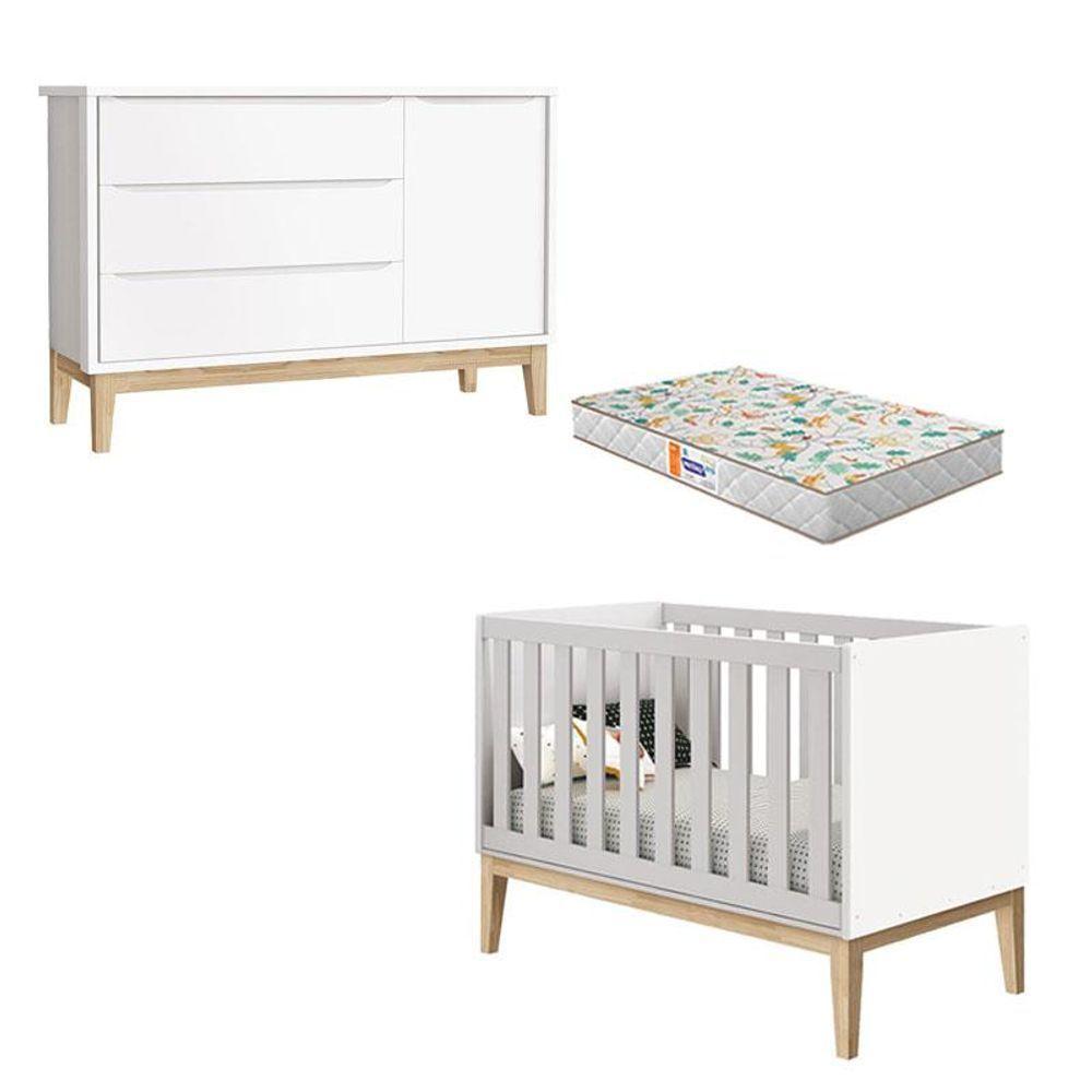 Berço Americano E Cômoda New Classic Branco Com Pés Madeira Natural E Colchão Gazin - Reller - 1