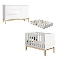 Berço Americano E Cômoda New Classic Branco Com Pés Madeira Natural E Colchão Gazin - Reller - 1
