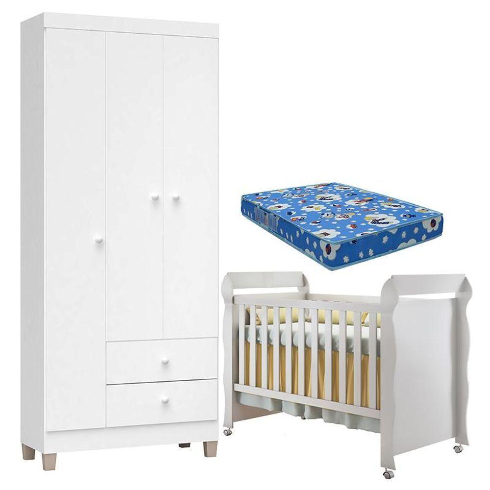 Berço Americano Mirelle Com Colchão E Guarda Roupa Ternura Baby 3 Portas Branco Brilho - Incorplac - 1