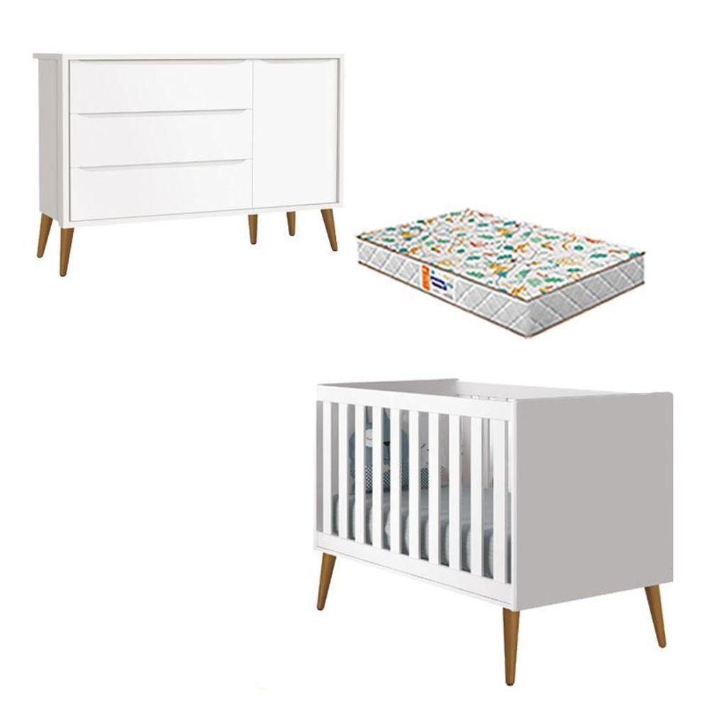 Berço Americano E Cômoda Infantil 1 Porta Theo Branco Pés Amadeirados Com Colchão Gazin - Reller - 1