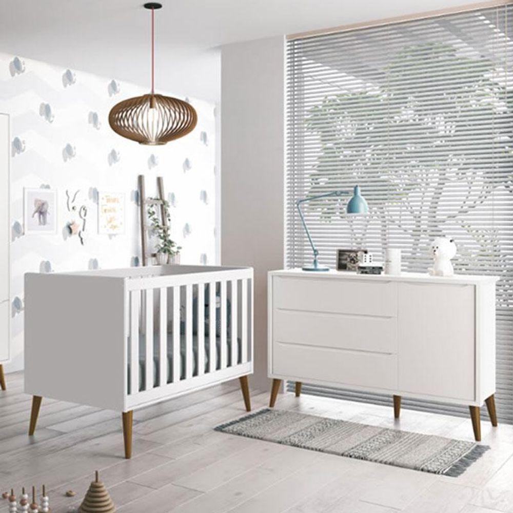 Berço Americano E Cômoda Infantil 1 Porta Theo Branco Pés Amadeirados Com Colchão Gazin - Reller - 4