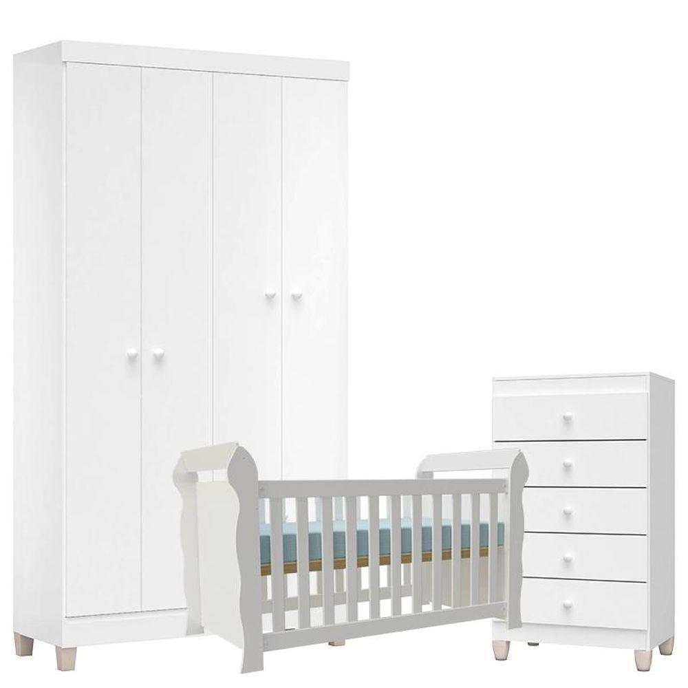 Quarto De Bebê 4 Portas Com Gaveteiro Ternura Baby E Berço Lara Branco Brilho - Incorplac - 1