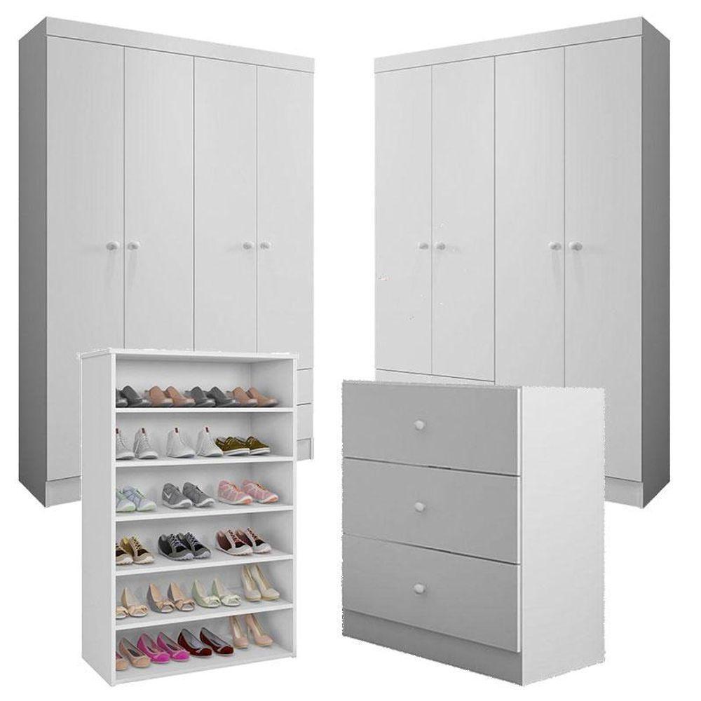 Cômoda E 02 Guarda Roupa Louise E Sapateira Laís Branco Brilho - Ajl - 1