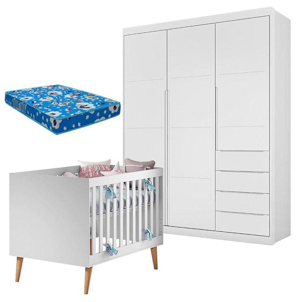 Berço Americano Ludmila E Guarda Roupa Blenda Branco Acetinado Com Colchão - Phoenix - 1